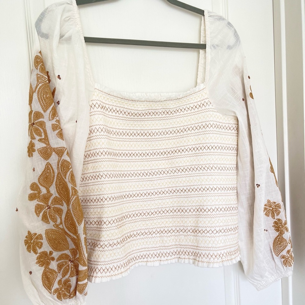 Anthropologie floral embroidered smocked top- Ivory - Picture 2 of 4